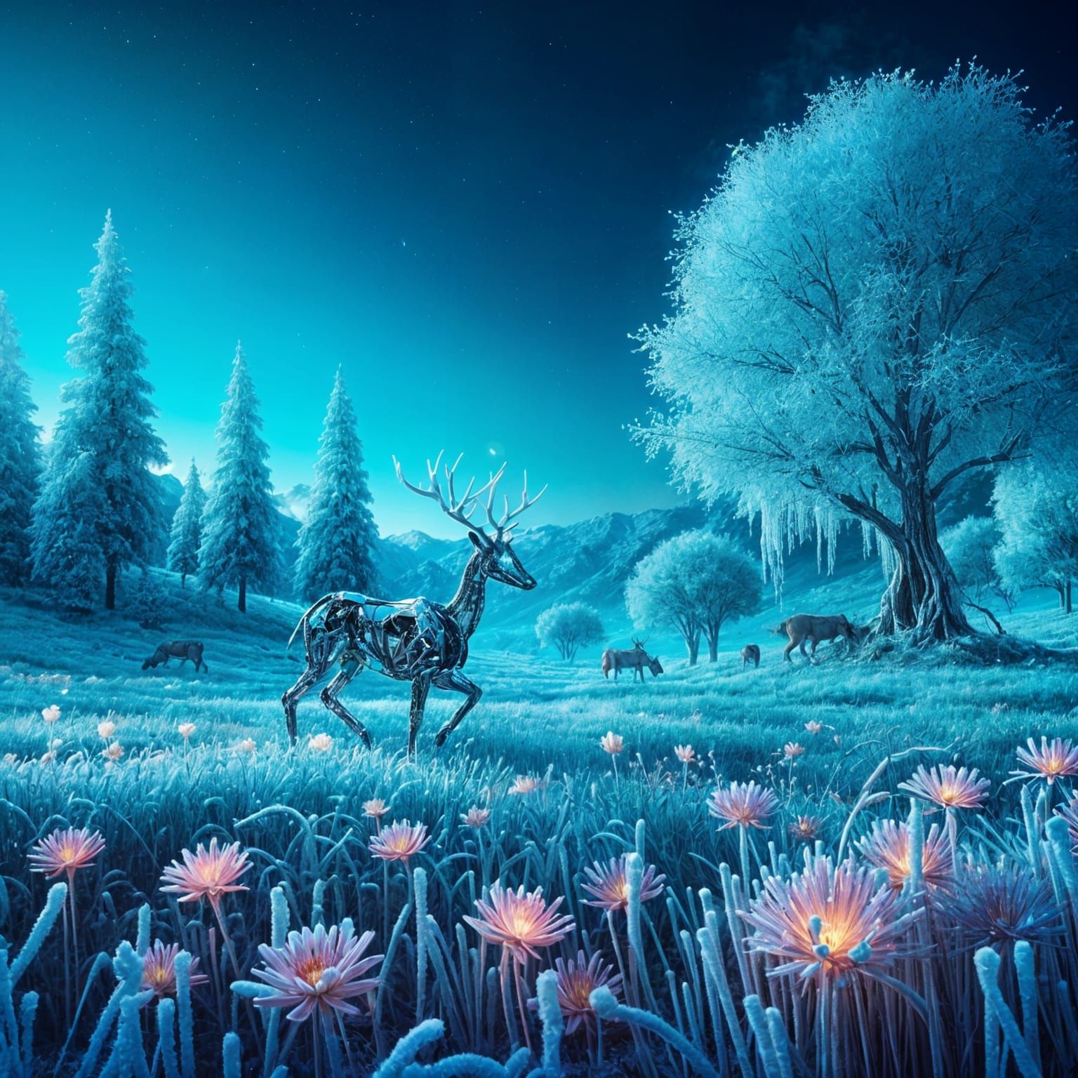 Mechanical Deer in Sapphire Snow Under Turquoise Twilight