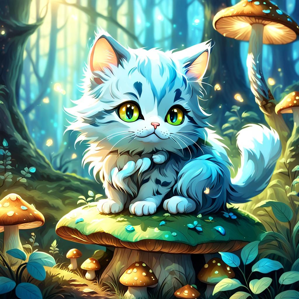 Kitty on Mushroom in Mystical Forest