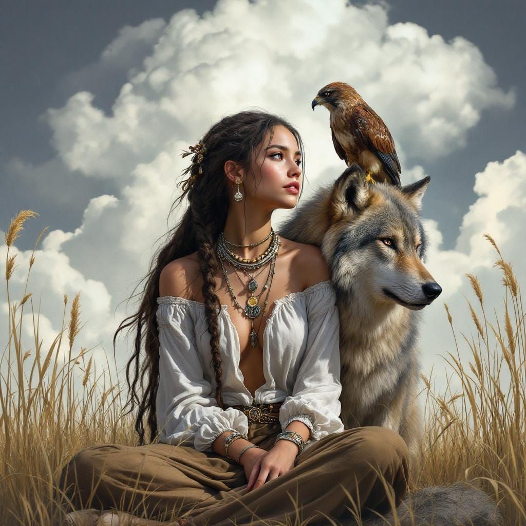 Woman with Wolf and Falcon in Hyperrealistic Style