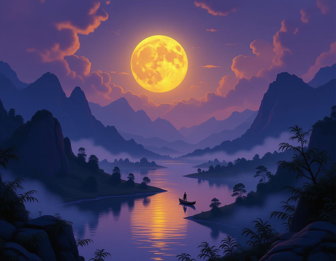 Mystical Gondor Landscape Under Moonlight in Art Nouveau Sty...