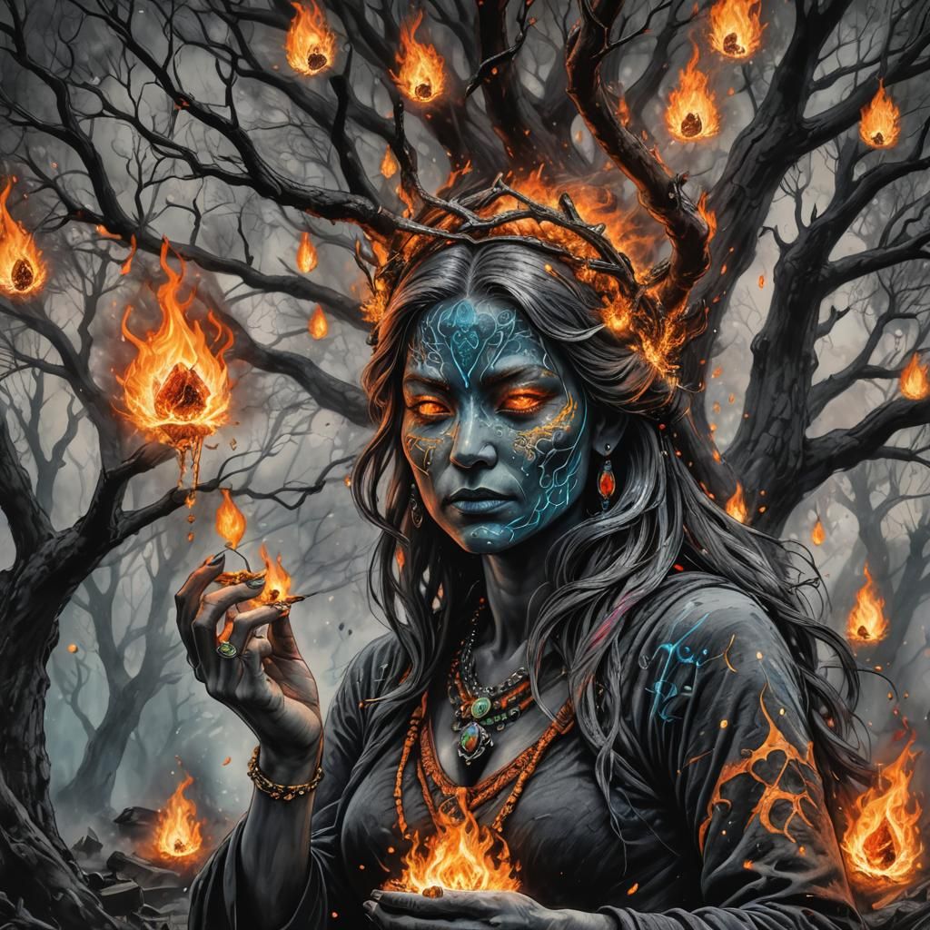 Female Fire Spirit's Cosmic Feast: Charcoal Drawing