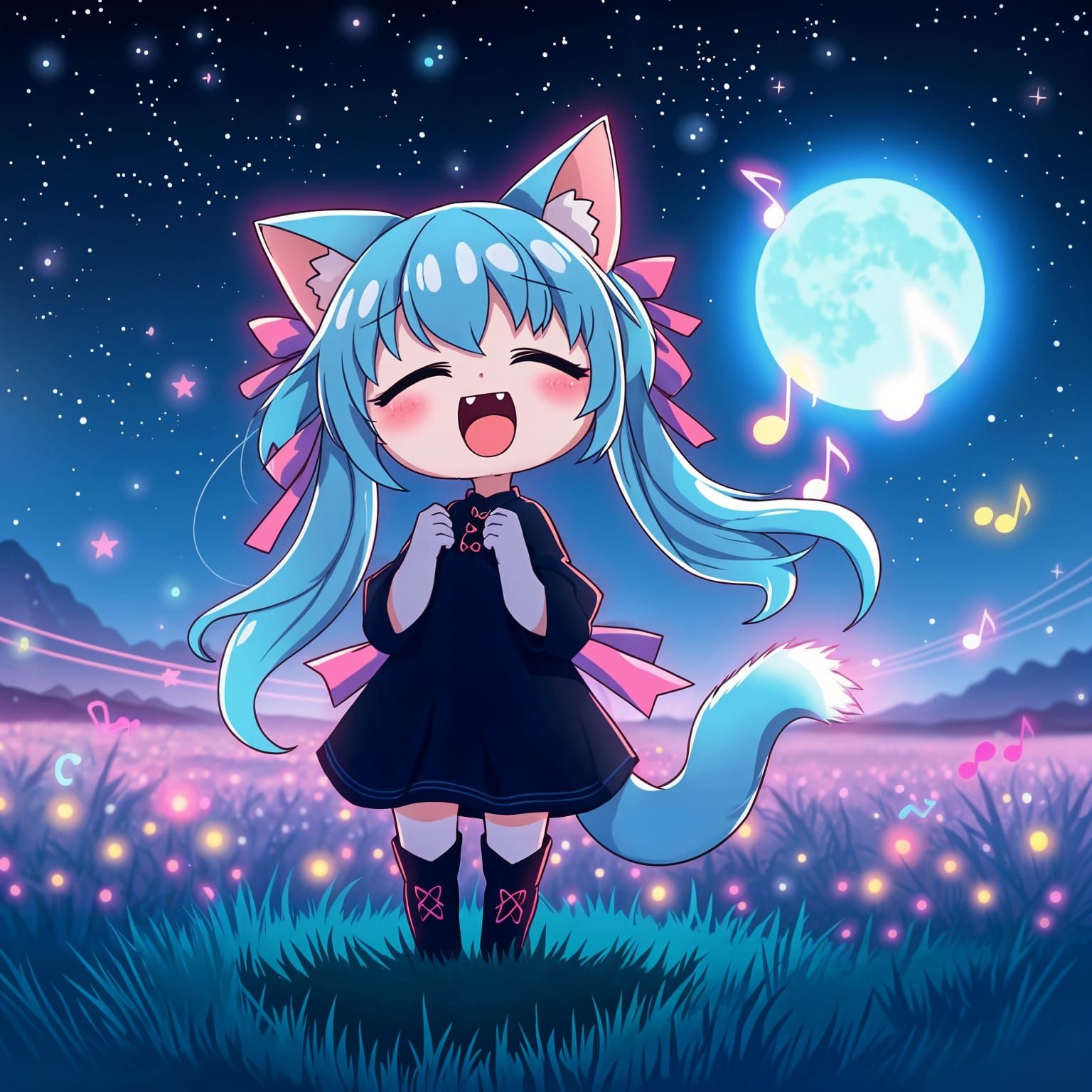 Surreal Synthwave Anime Goddess Serenades under Starry Night...