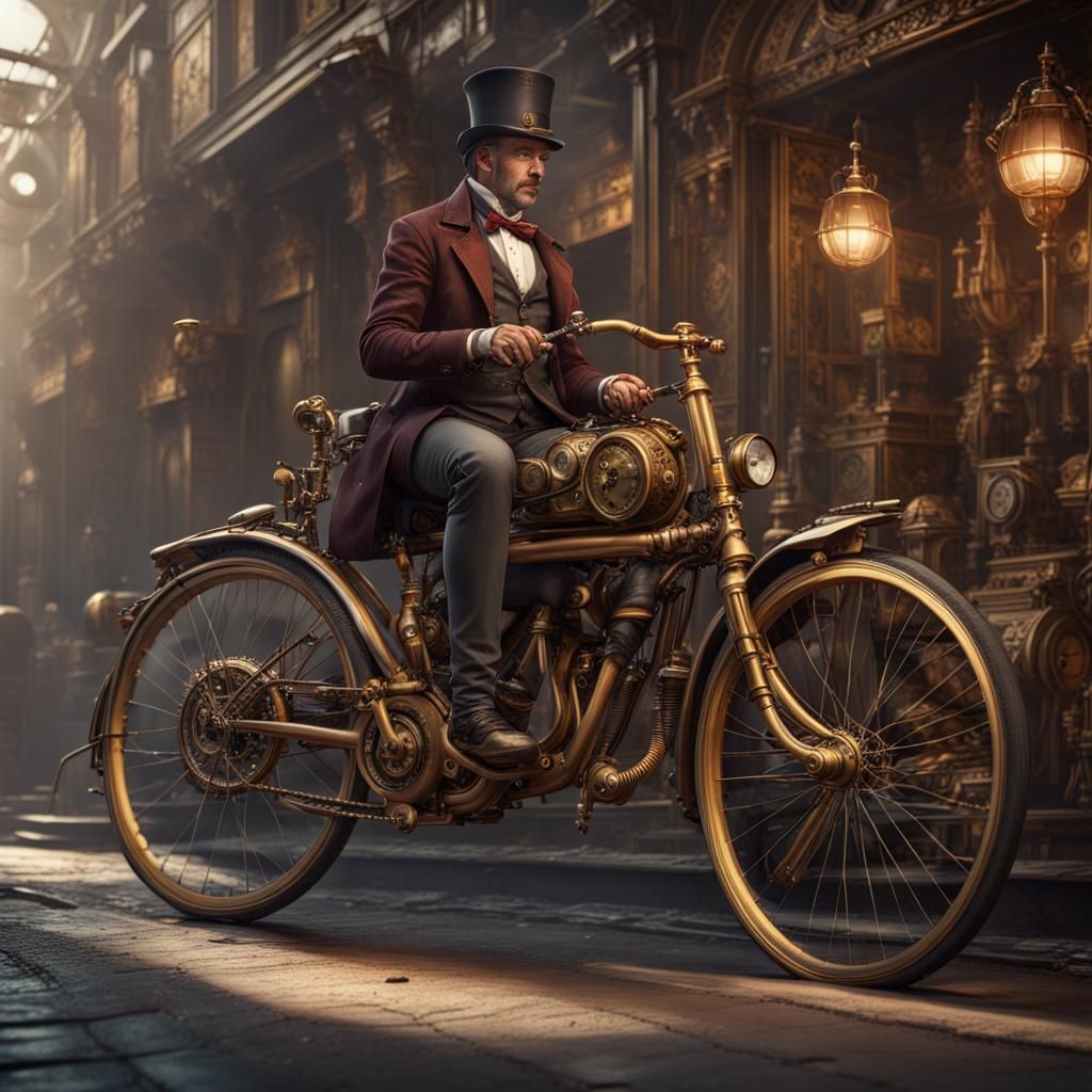 Steampunk Bicycle with Rider: Detailed Matte Painting