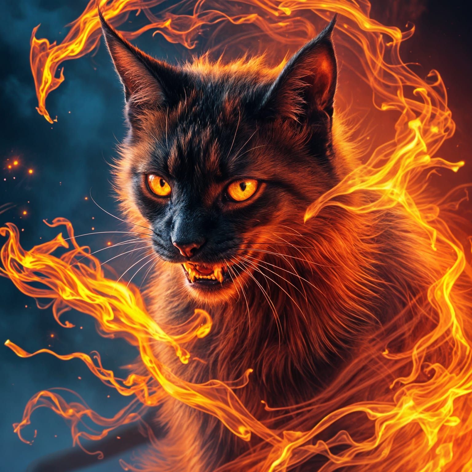 Flaming Hellhound Cat in Fantasy Art Style