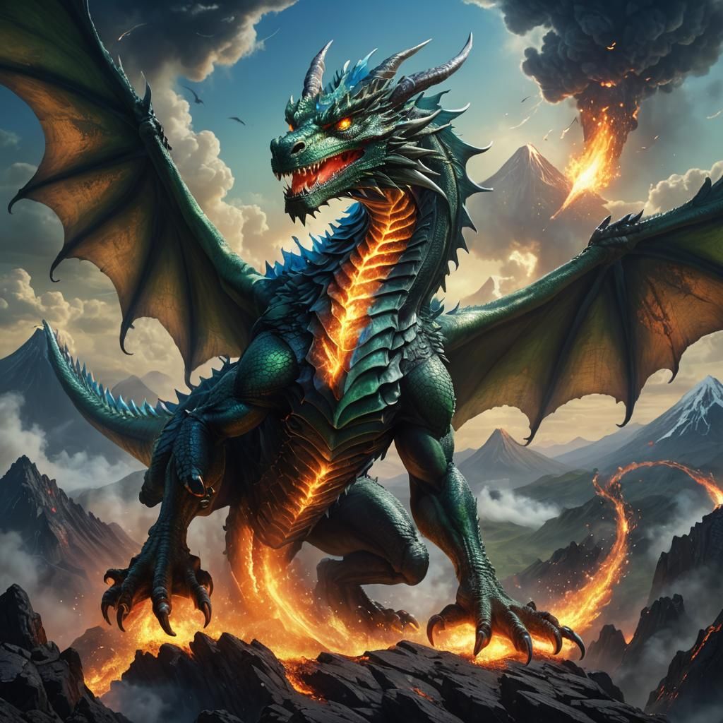 Green Dragon Flying to Volcano Eruption