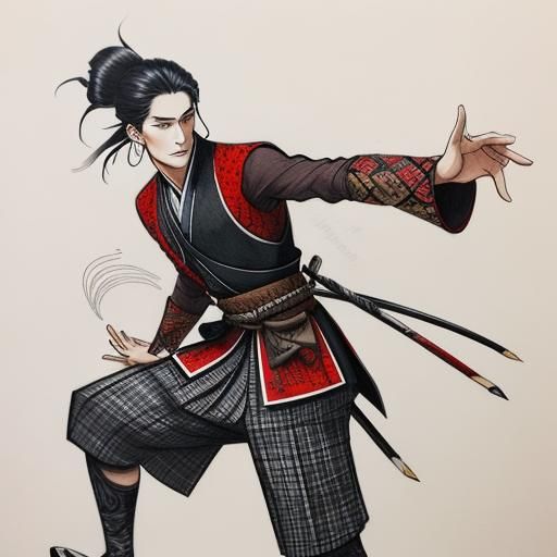 Anime Samurai in Westwood Tartan, Art Nouveau Fashion