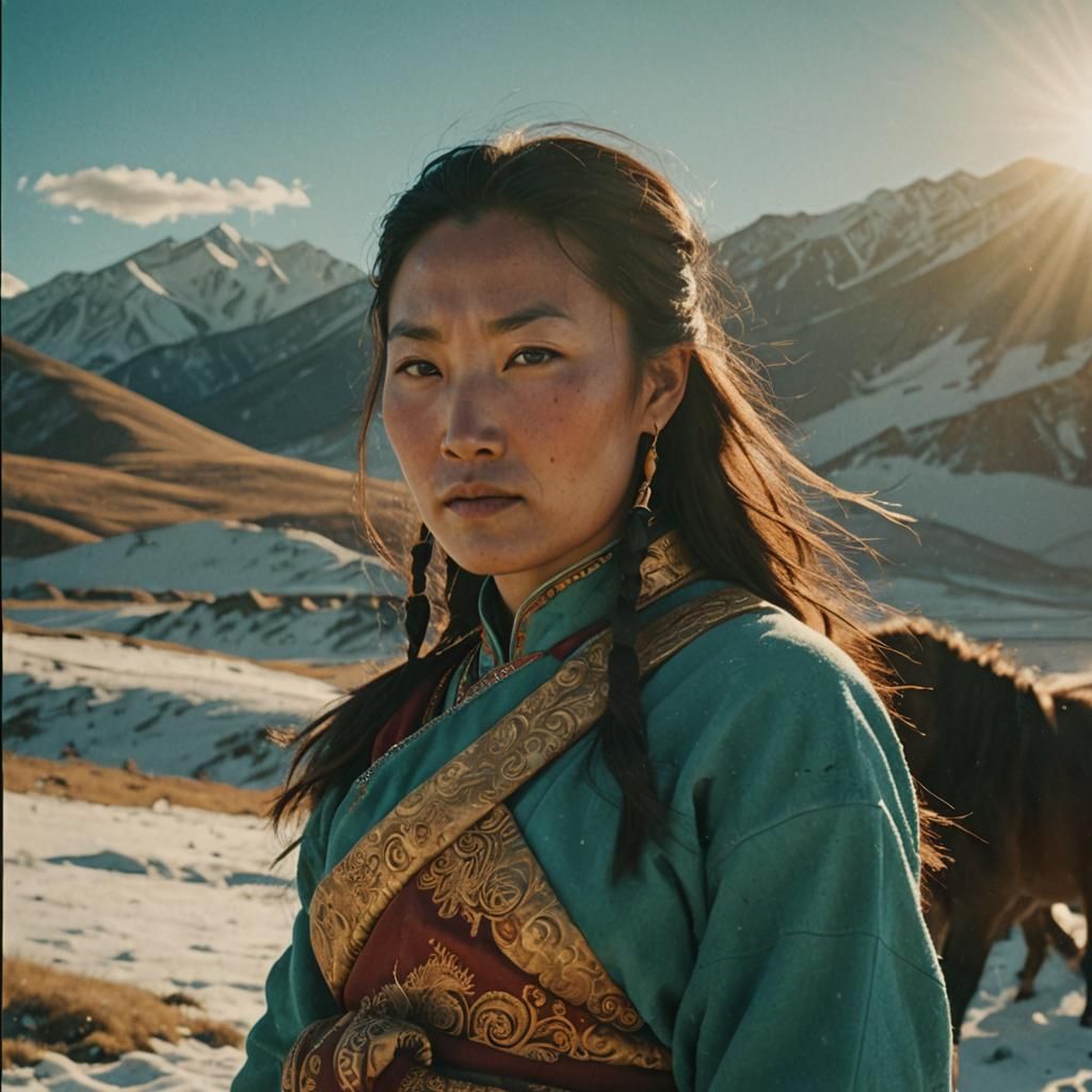 Mongolian Woman in Majestic Mountain Landscape