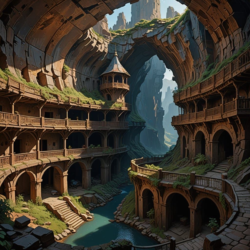 Gouache Painting of Vast Circular Cavern with Balconies