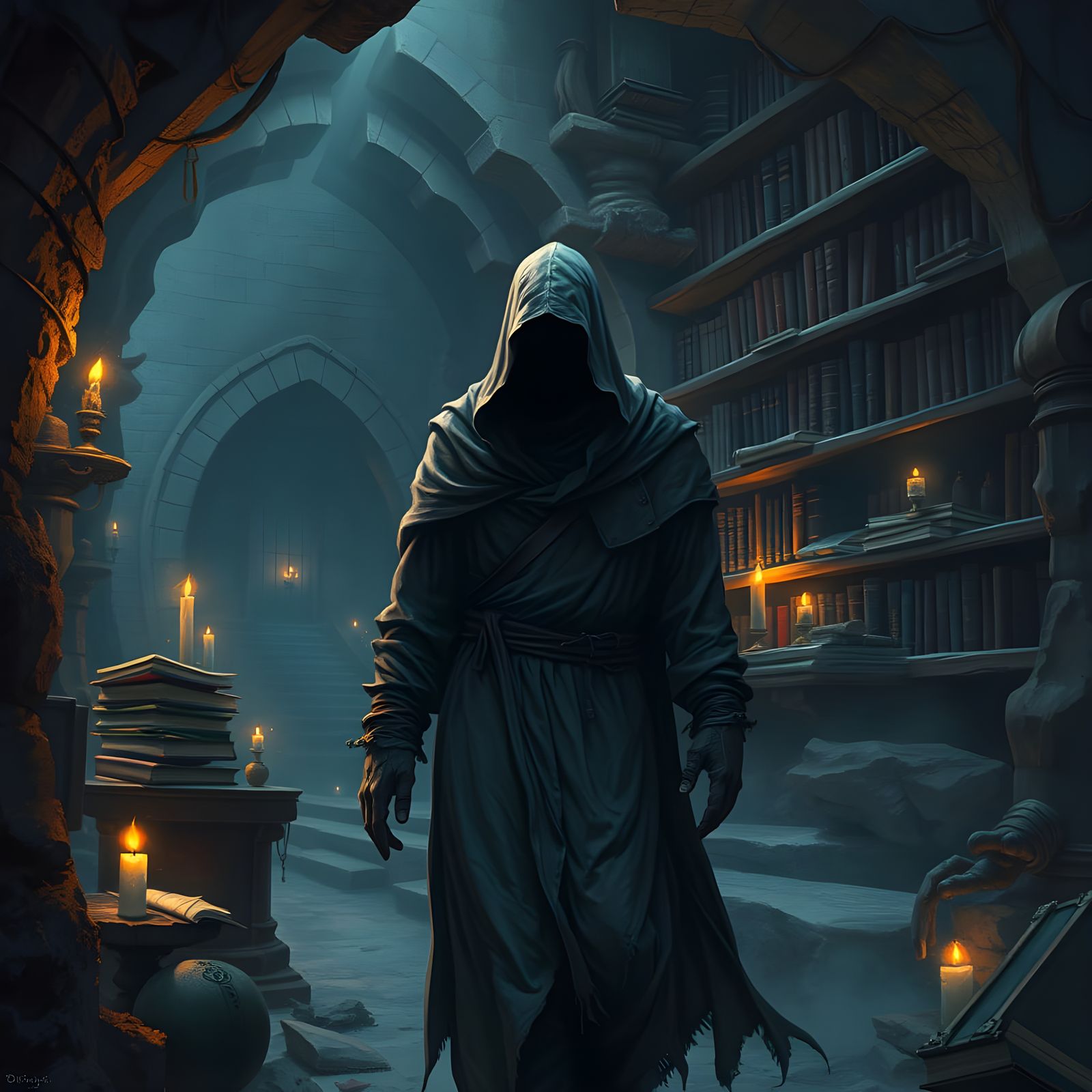 Forgotten Library Discovery in Dark Fantasy Style