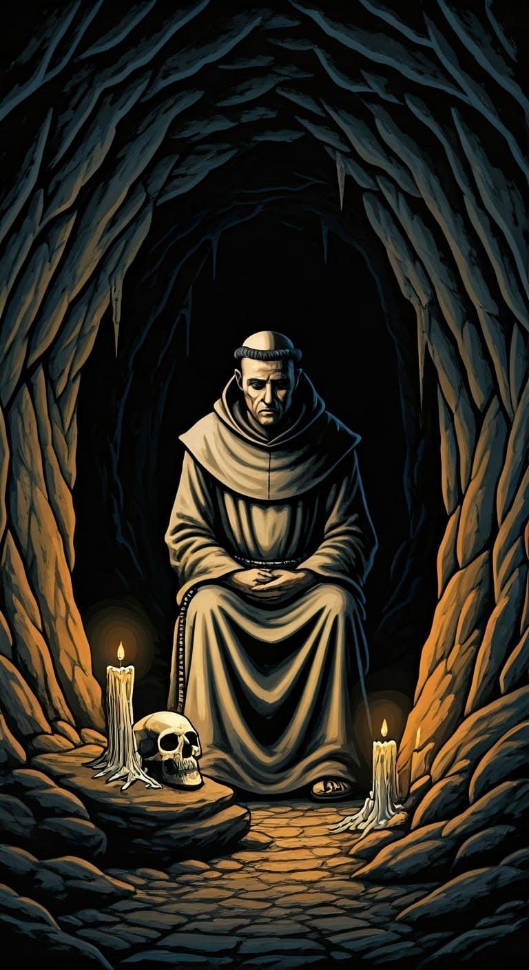 Monk Meditating in Dark Cave, 1970s Fantasy Art