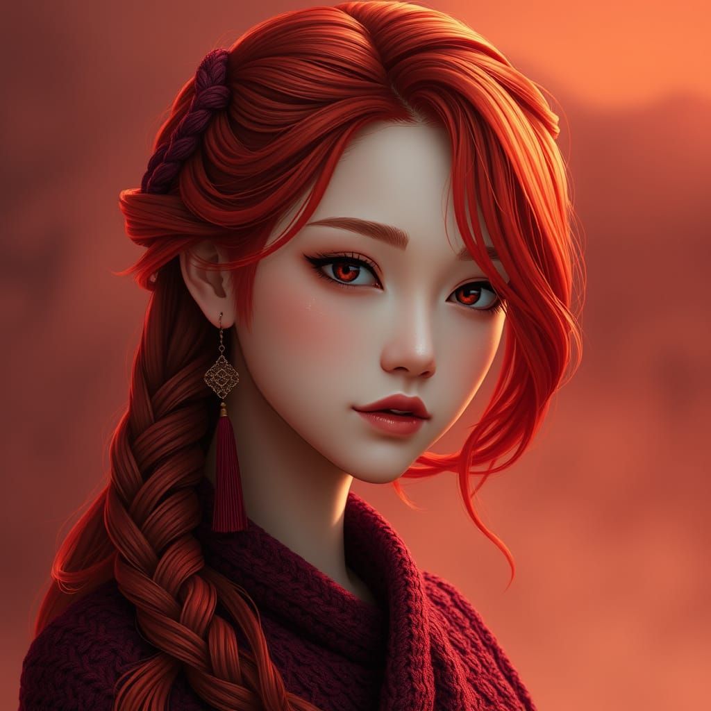 Vibrant Crimson Haired Woman in Mystical Landscape