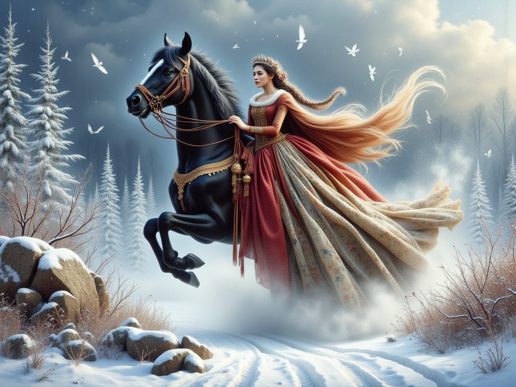 Medieval Woman Leaps Horse Over Icy Obstacle in Winter