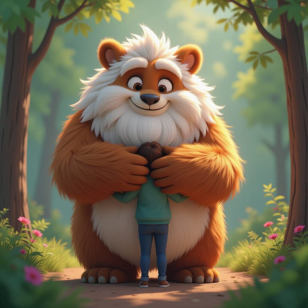 Giant Fluffy Guardian Hugs Person in 3D Digital Art
