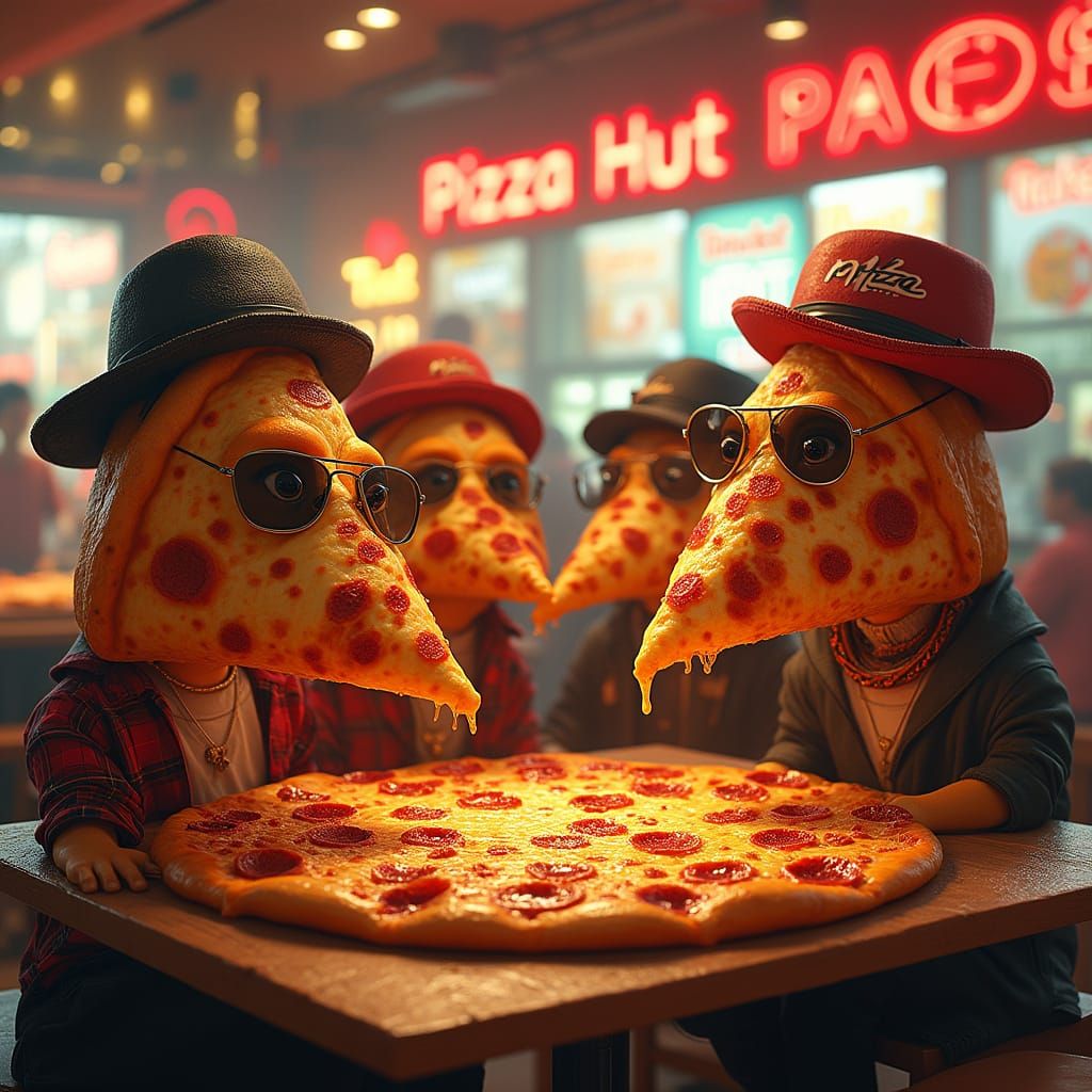 Hyperrealistic Pizza Slice Friends Unite at a Vibrant Pizza ...
