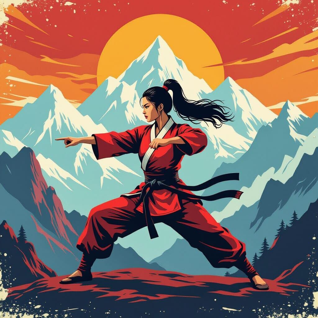 Chinese Martial Artist in Dramatic Mountain Poster Style