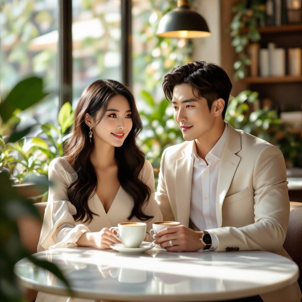 Romantic Couple in Korean Cafe, Photorealistic Style