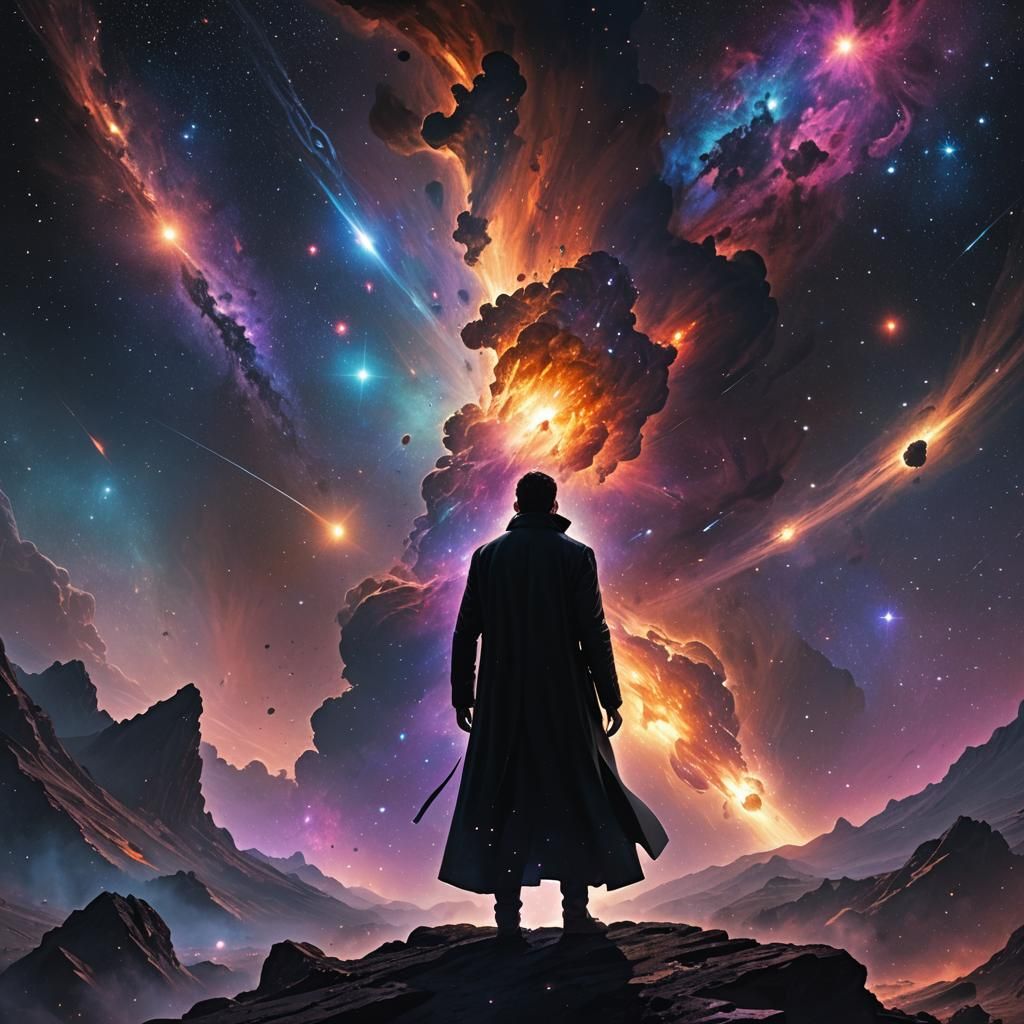 Man in Space Surrounded by Nebulas: Fantasy Concept Art