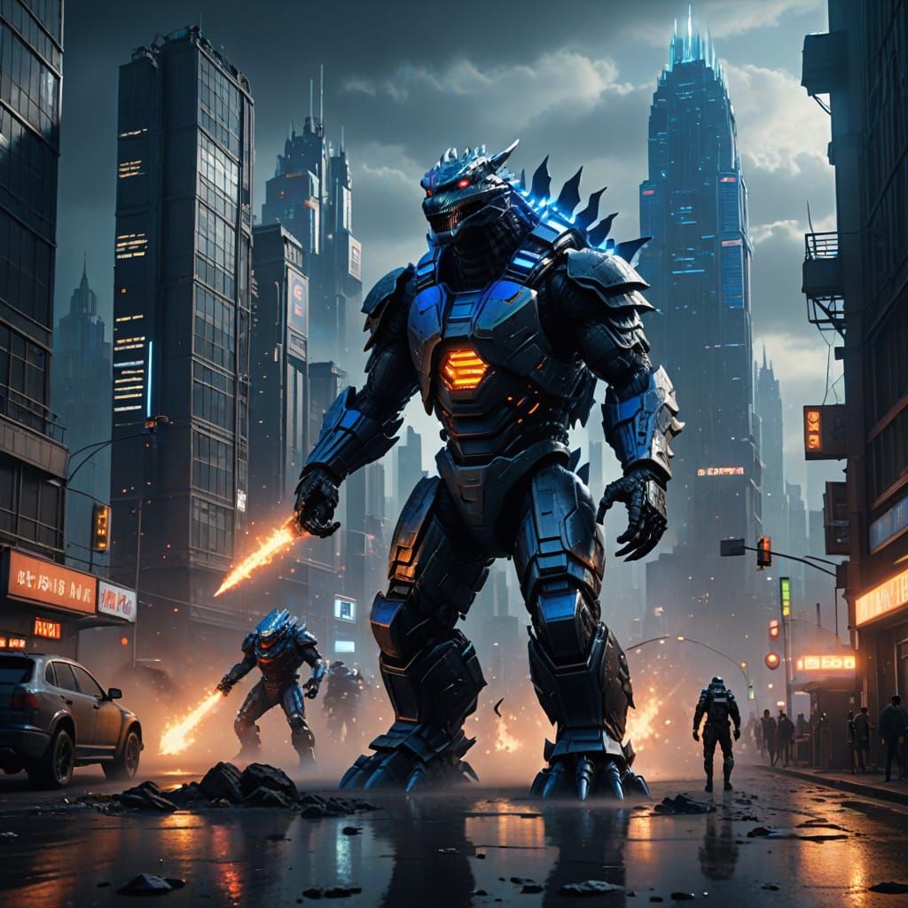 Godzilla Meets MechaGodzilla in a Futuristic City
