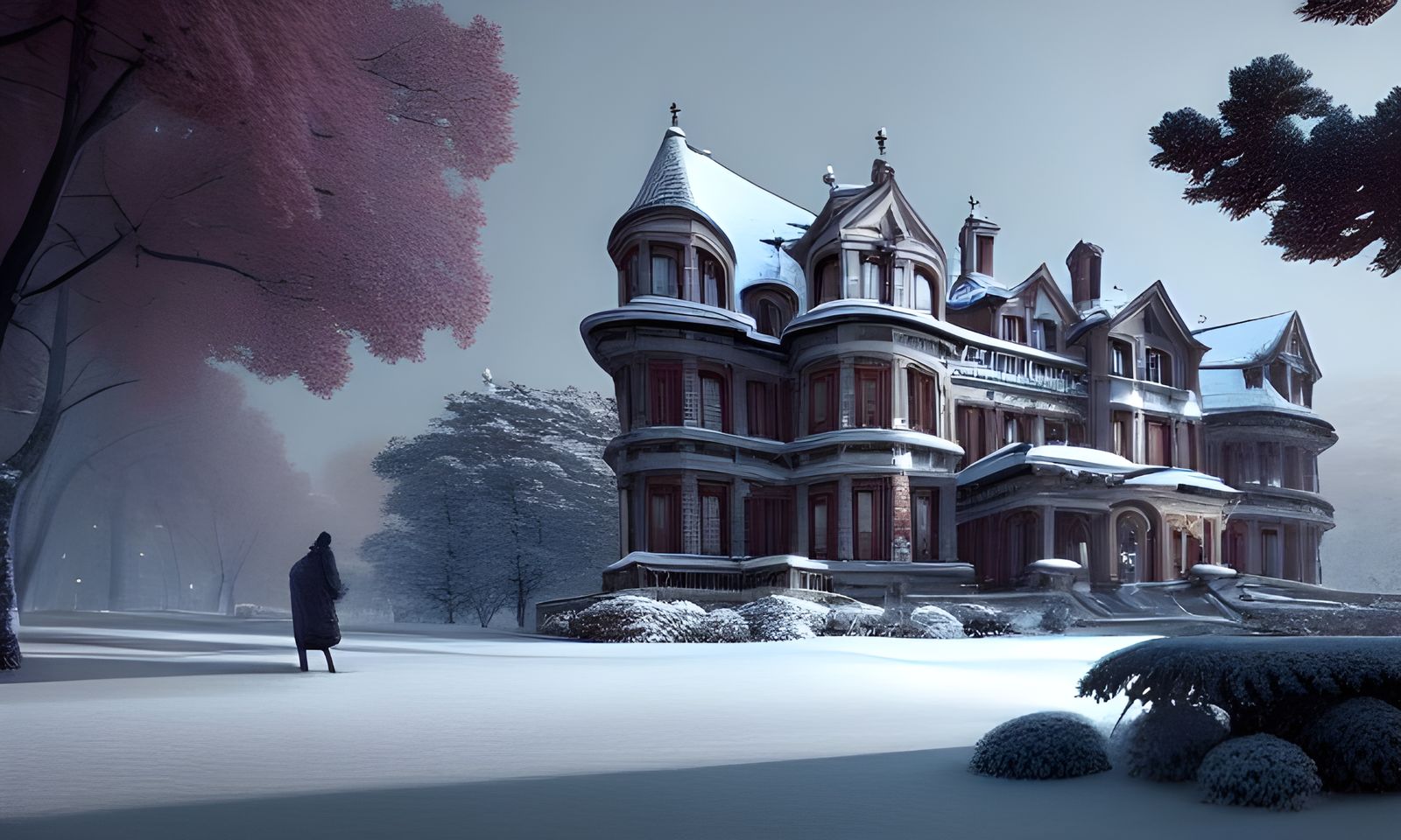 Snowy Mansion Landscape in Hyperrealism Style