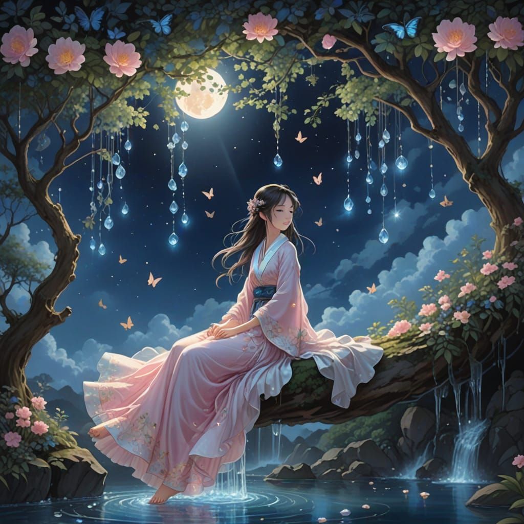 Japanese Home with Waterfall in Anime Style