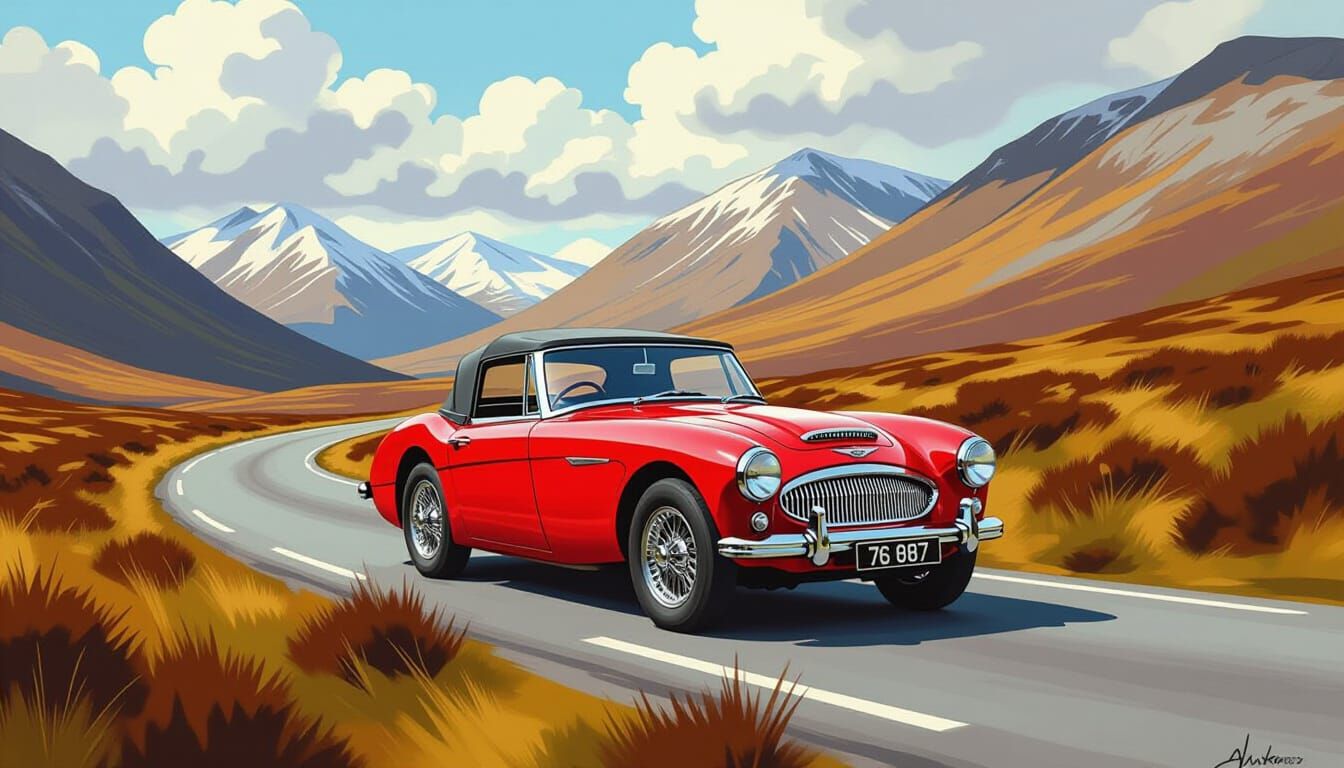 Austin-Healey 3000 Mk III in Scottish Highlands as Gouache