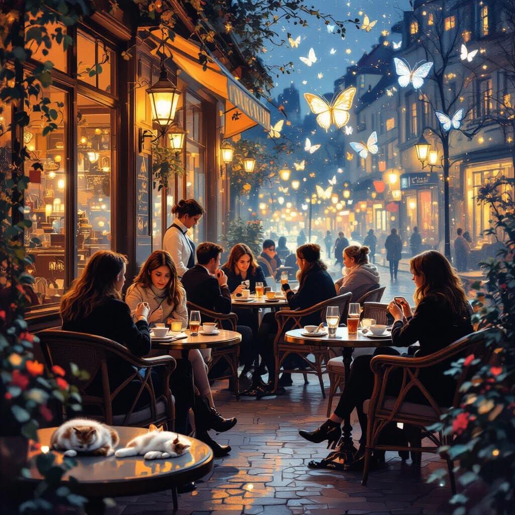 Magical Cafe at Night with Ethereal Butterflies