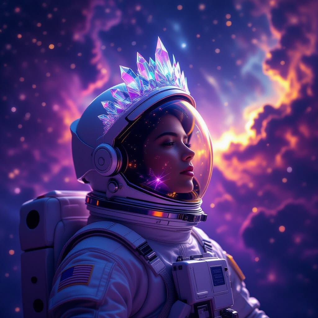 Astronaut with Crystal Crown in Cosmic Void
