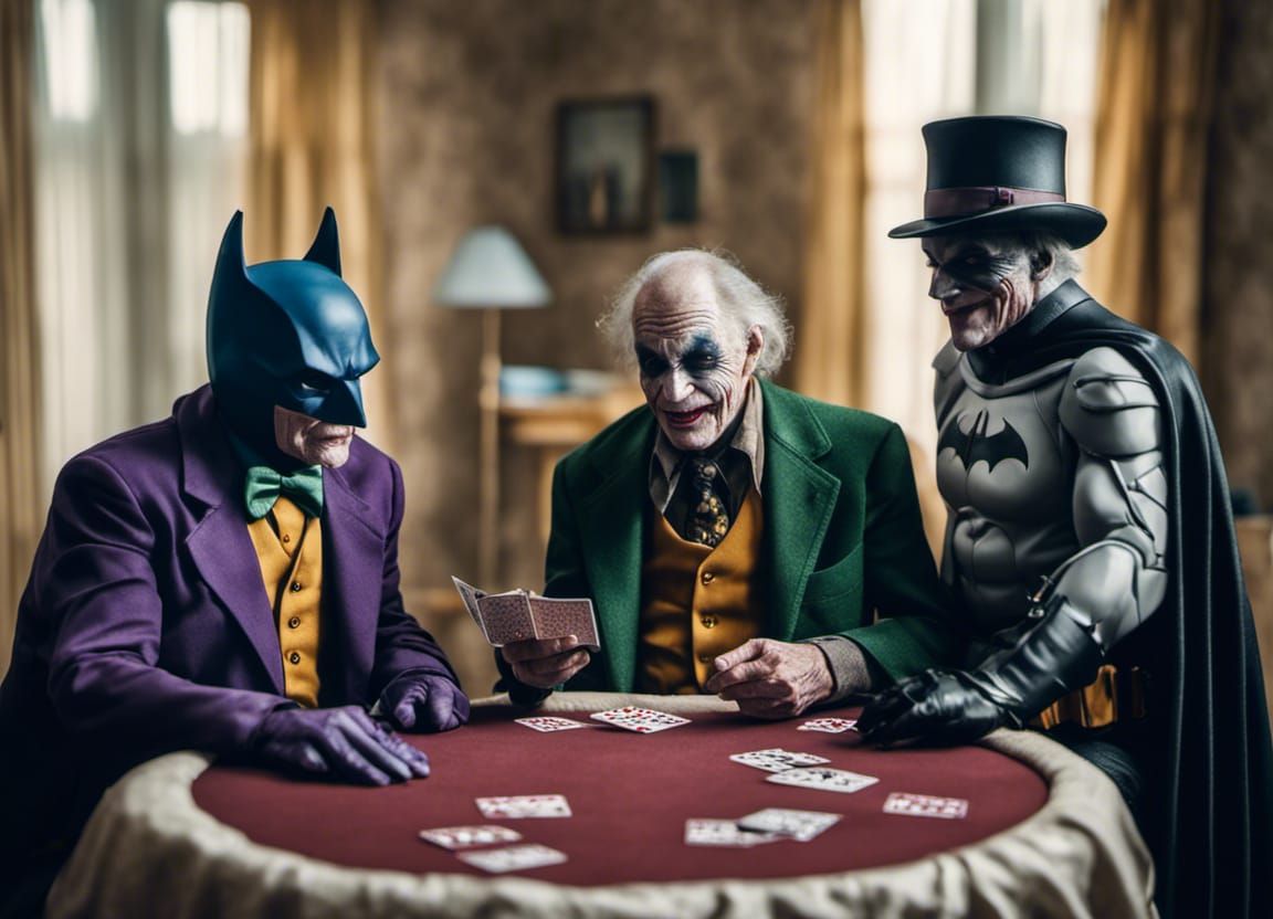 Elderly Batman, Joker, and Penguin Playing Cards