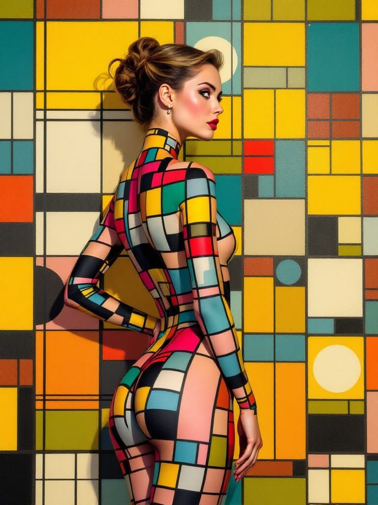 Retro Pin-Up Woman Merges With Geometric Wall Art