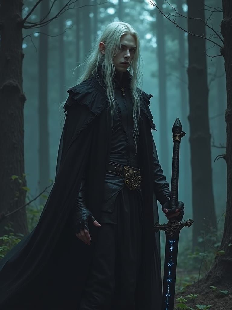 Dark Fantasy Elf Prince Stands Tall in Cypress Forest