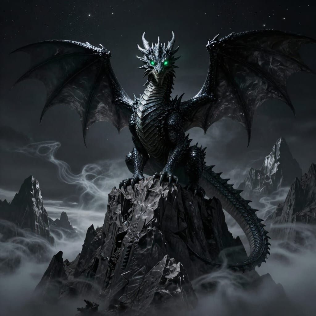 Colossal Obsidian Dragon on Moonlit Peak