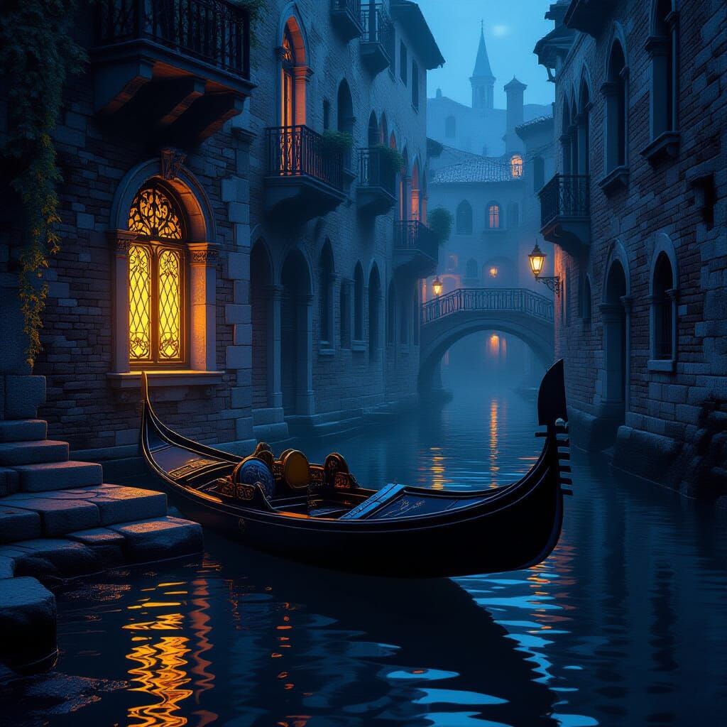 Mysterious Gondola in Renaissance City, Dark Fantasy Concept...