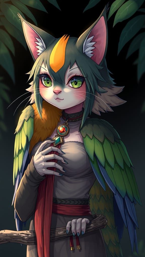 Anime Furry Art of Cat-Parrot Girl