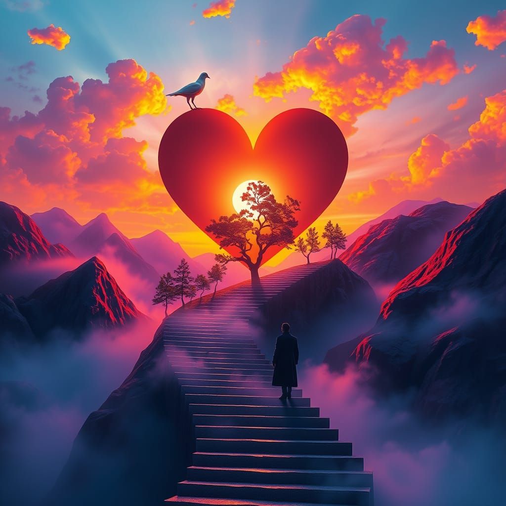 Surreal Staircase to Heart Portal in Misty Mountains