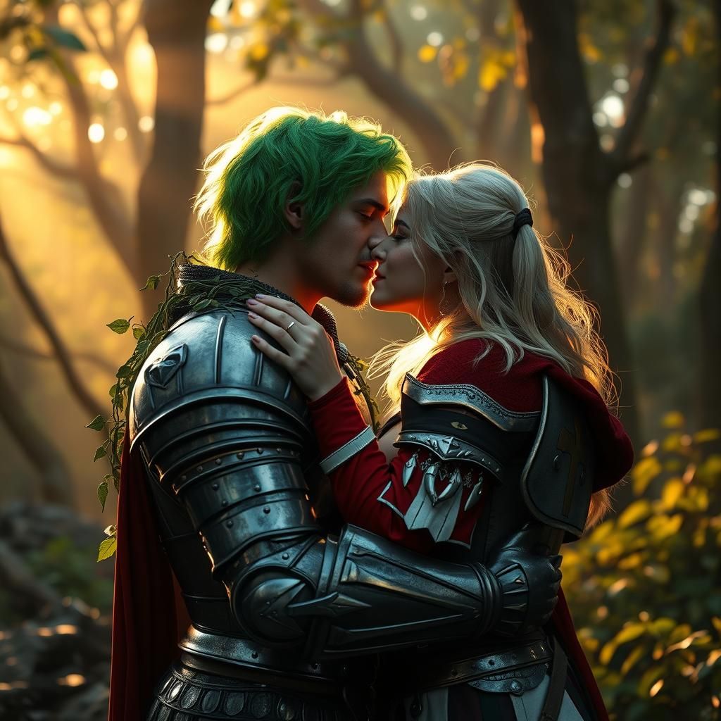 Knights Embrace in Overgrown Forest: Oil Painting