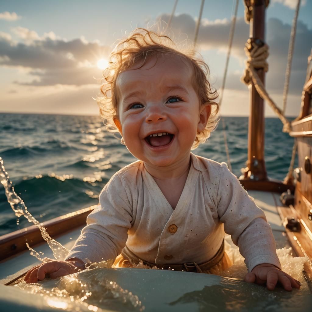 Baby's Joyful Laughter on Ship in Fantasy Style