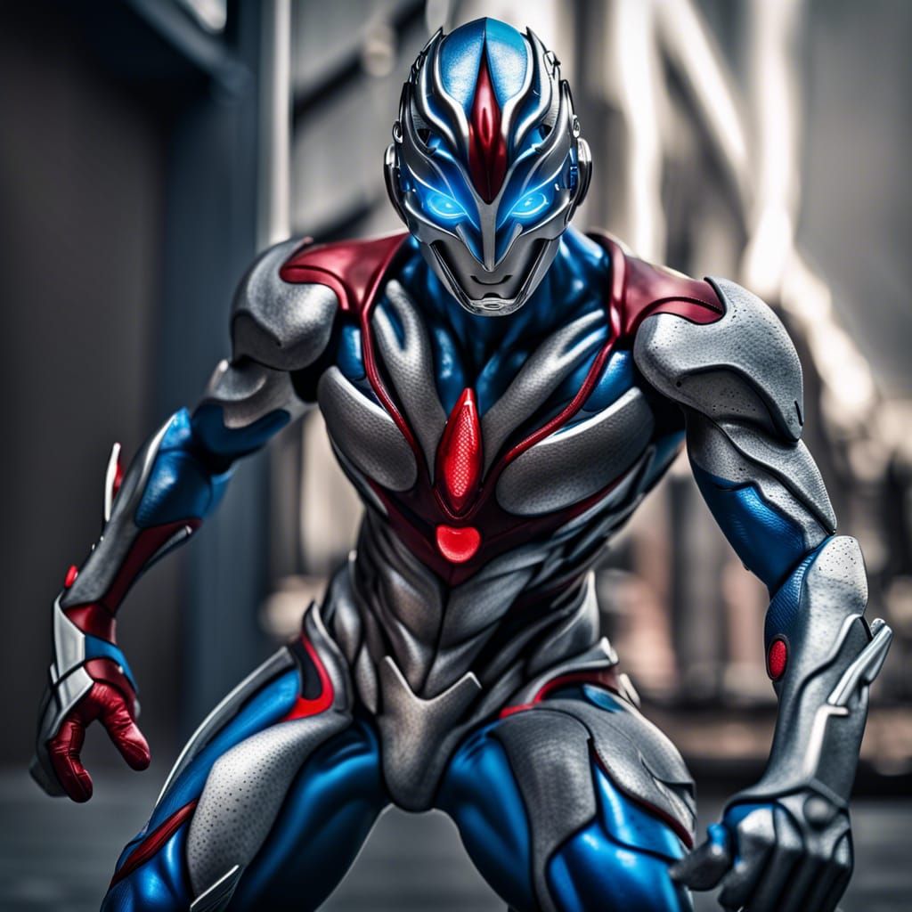Hyperrealistic Cyborg Ultraman in Dark Grey, Red and Blue