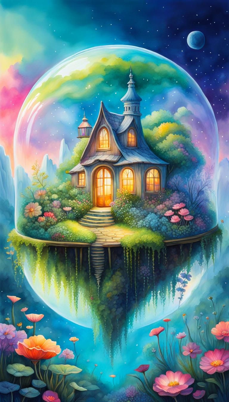 Floating Island Terrarium: Dreamscape Watercolor Painting