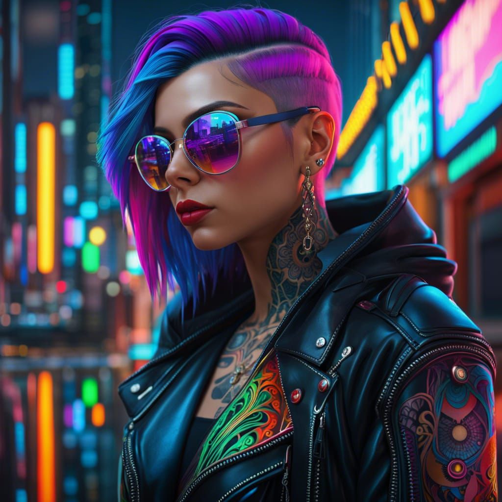 Cyberpunk Girl with Neon Reflection and Tattoos