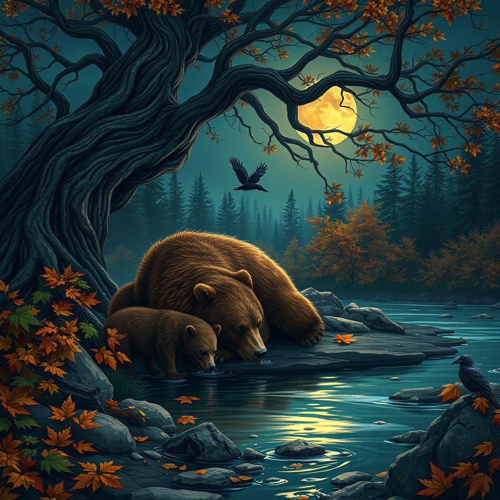 Grizzly Bear Family in Autumnal Moonlight