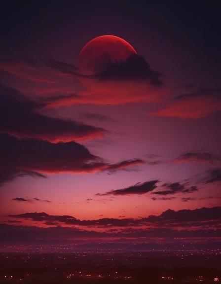 Red Sky with Purple Clouds and Crimson Moon