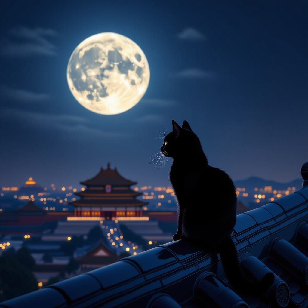 Black Cat on Forbidden City Eaves Under Full Moon