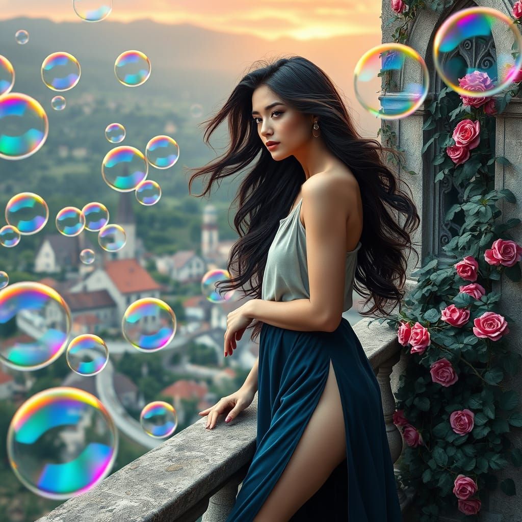 Woman on Balcony with Bubbles, Borderland Fantasycore Artwor...