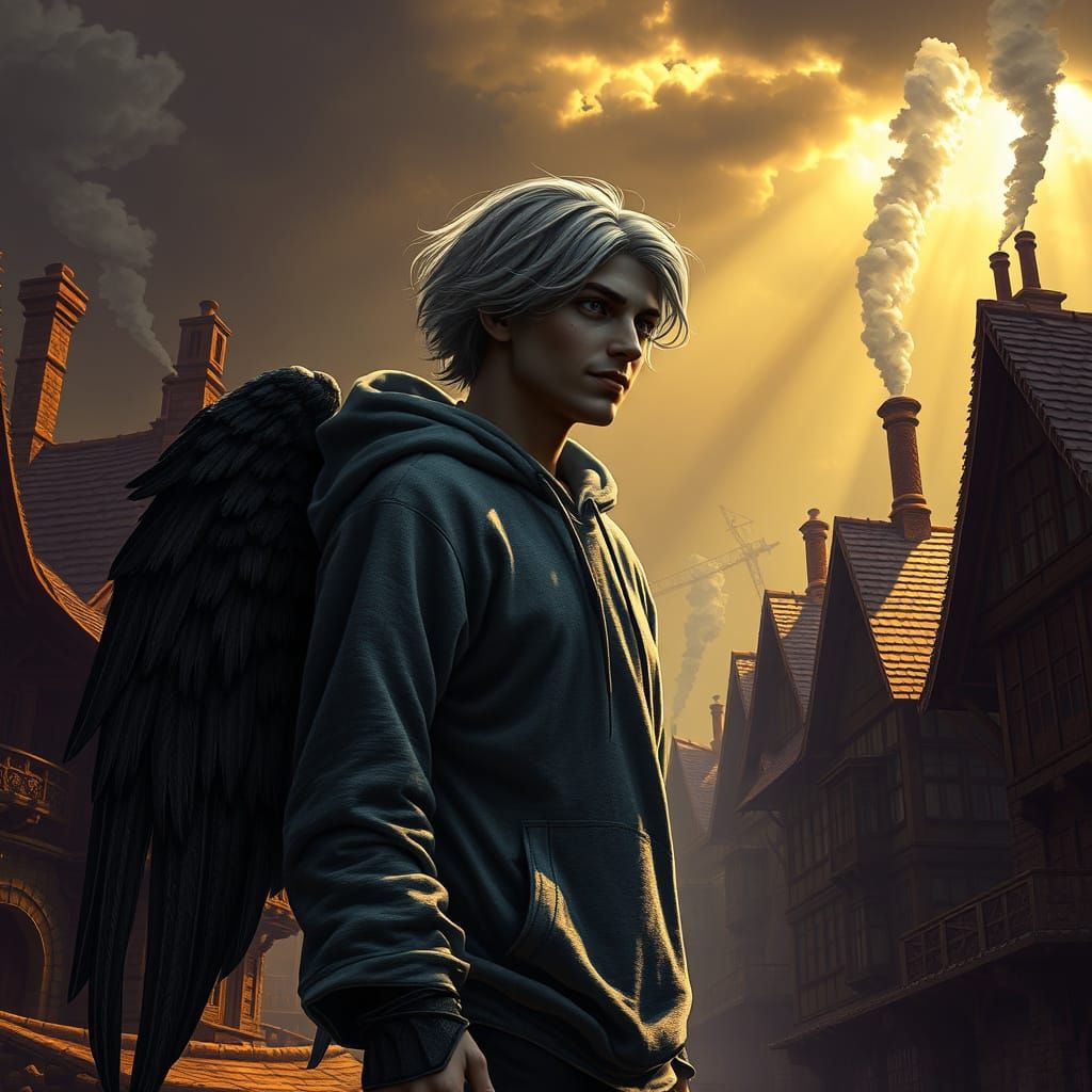 Dark Angel Strolls Through Steampunk Village in a Grey Hoodi...