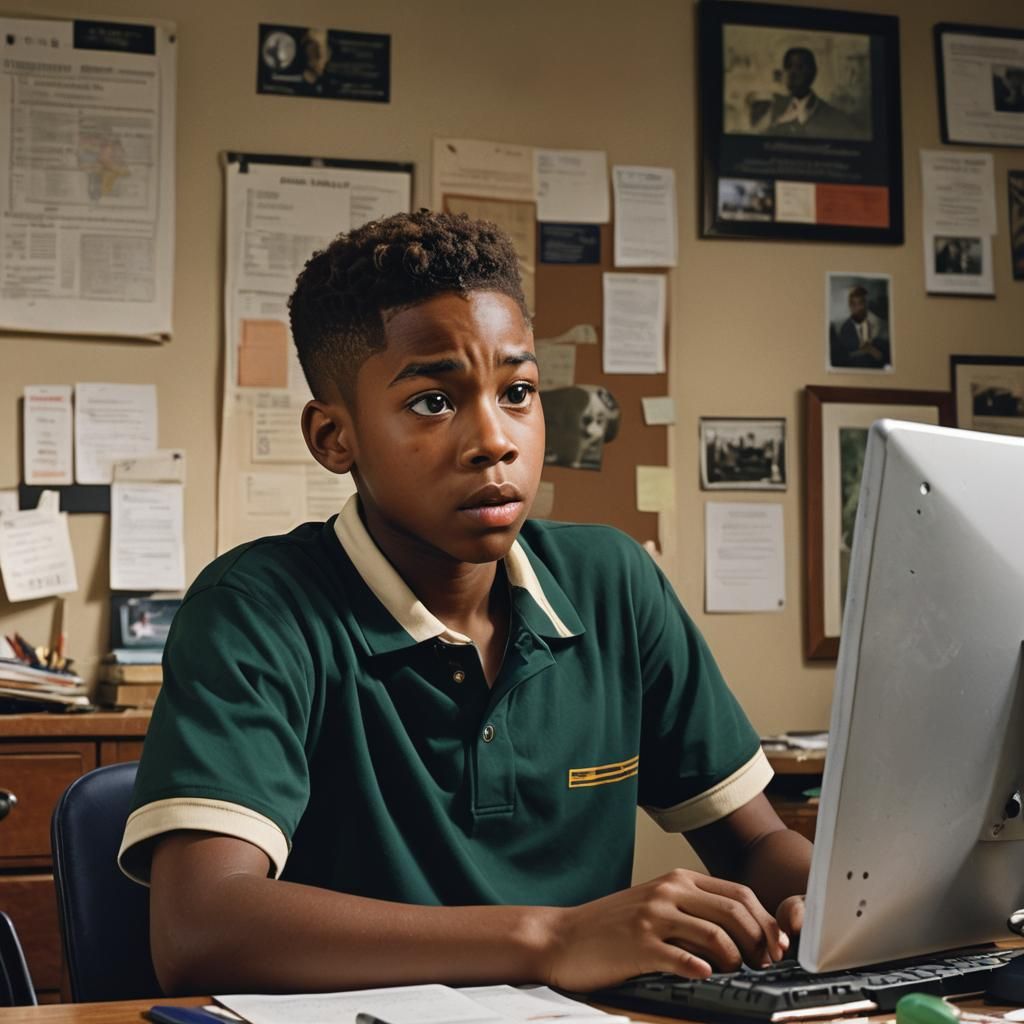 Boy at Desk, Surprised, as Detailed Matte Painting