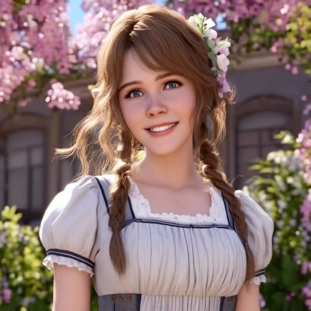 photorealistic anime art, head and shoulders portrait smiling confidently with teasing eyes standing in a flower garden ...