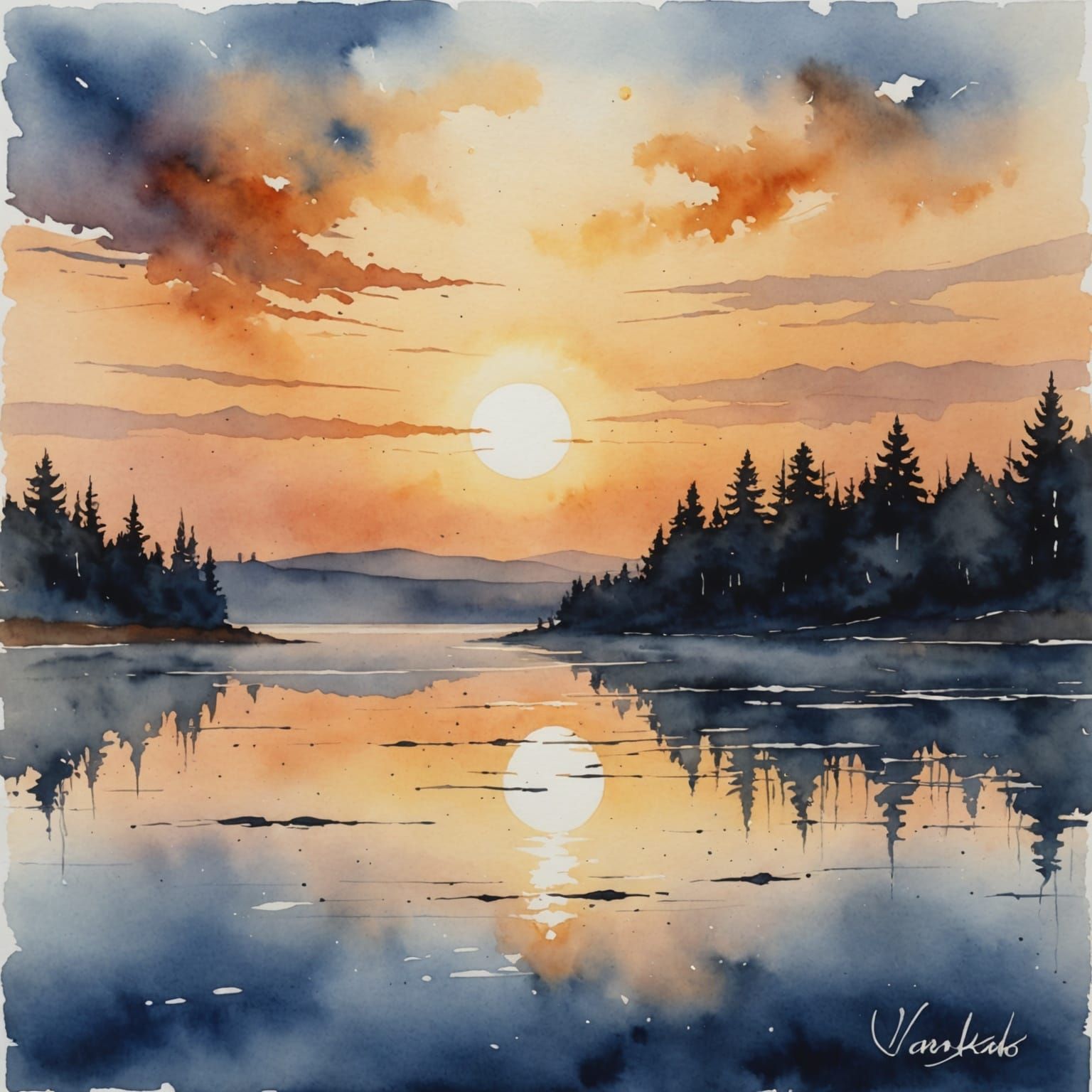 Watercolor Inky Sunrise Over Variko