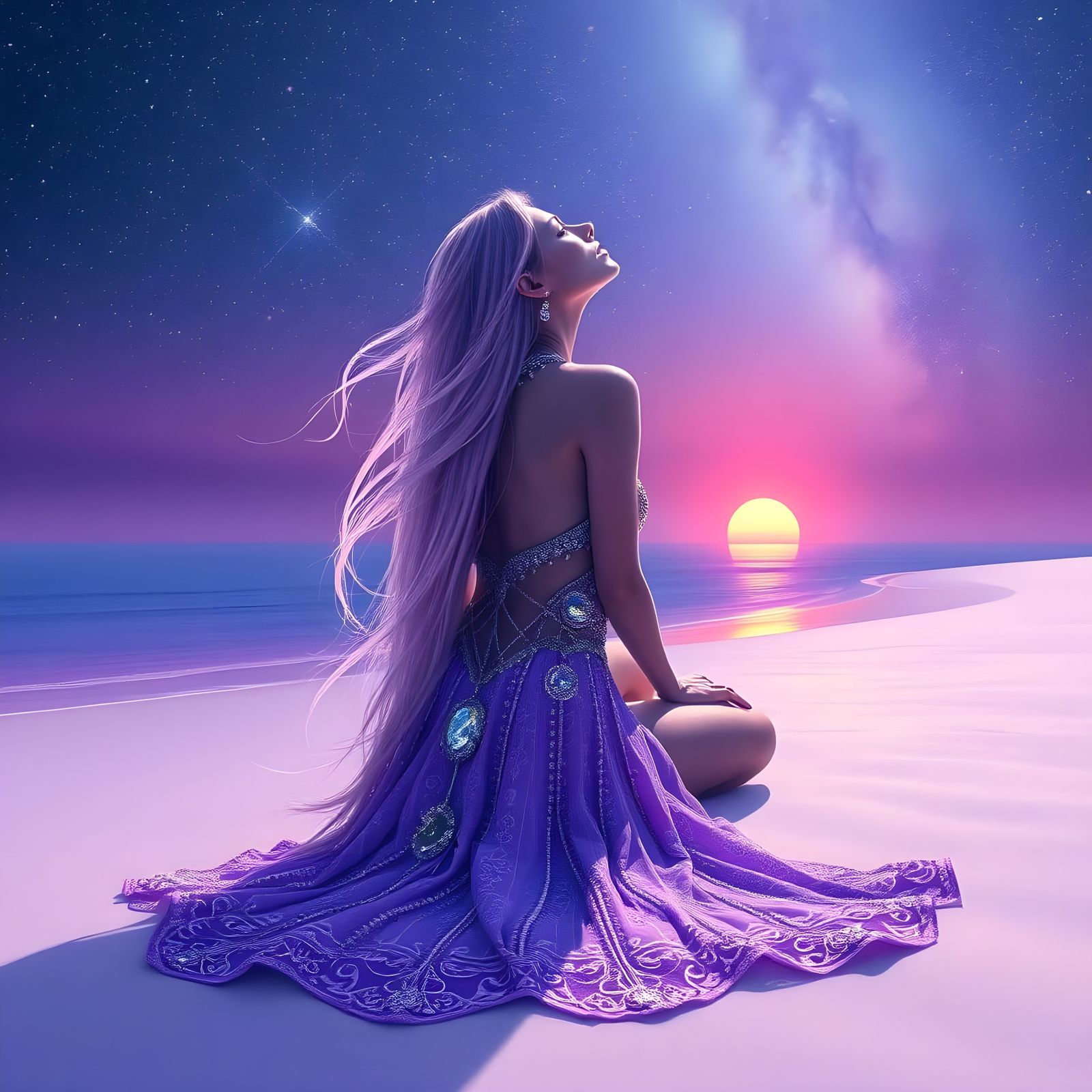 Ethereal Alien Goddess on a Radiant Crystal Beach