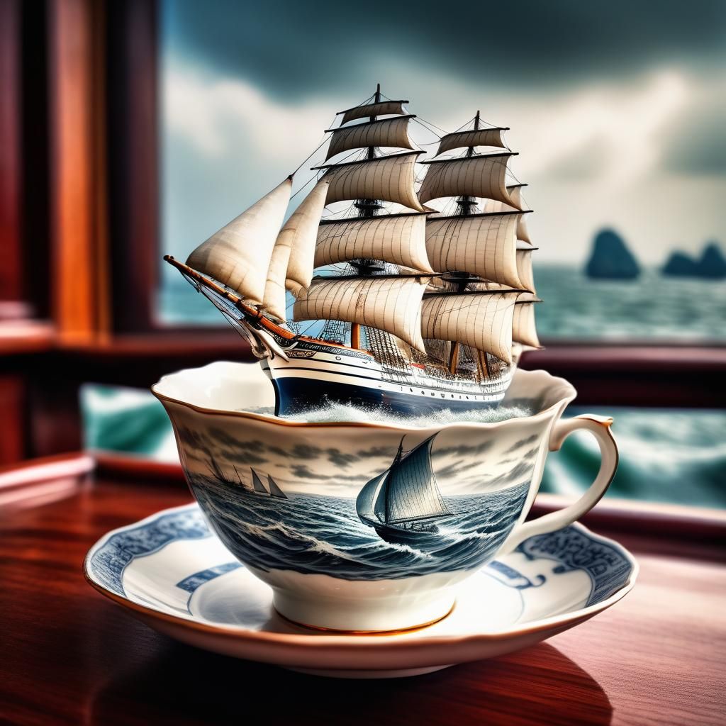 Sailship Navigates Teacup Seas: Hyperrealistic Digital Art