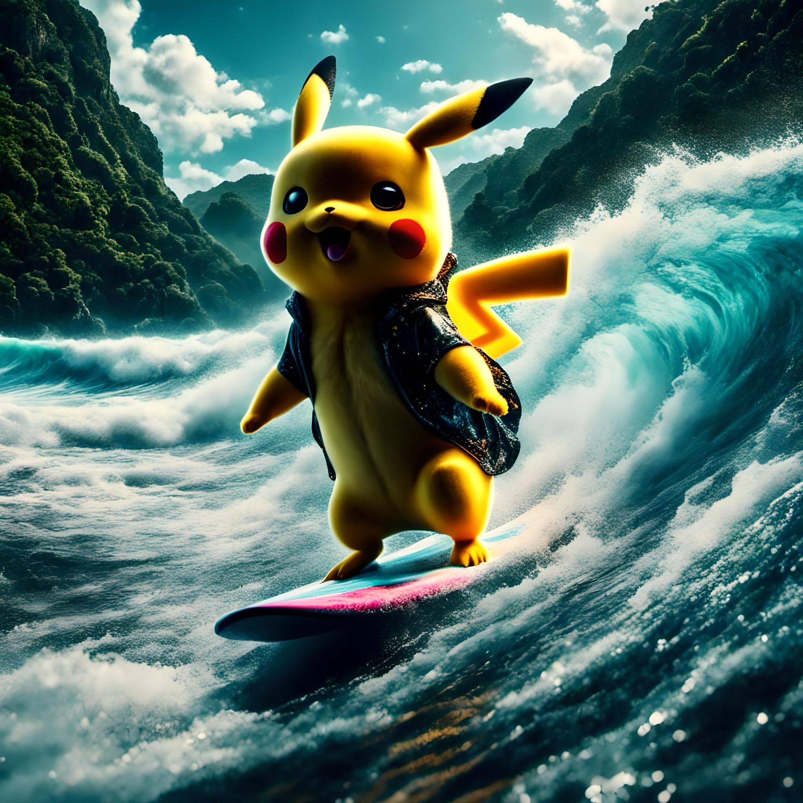 Surfing Pikachu Portrait in Cinematic Lighting